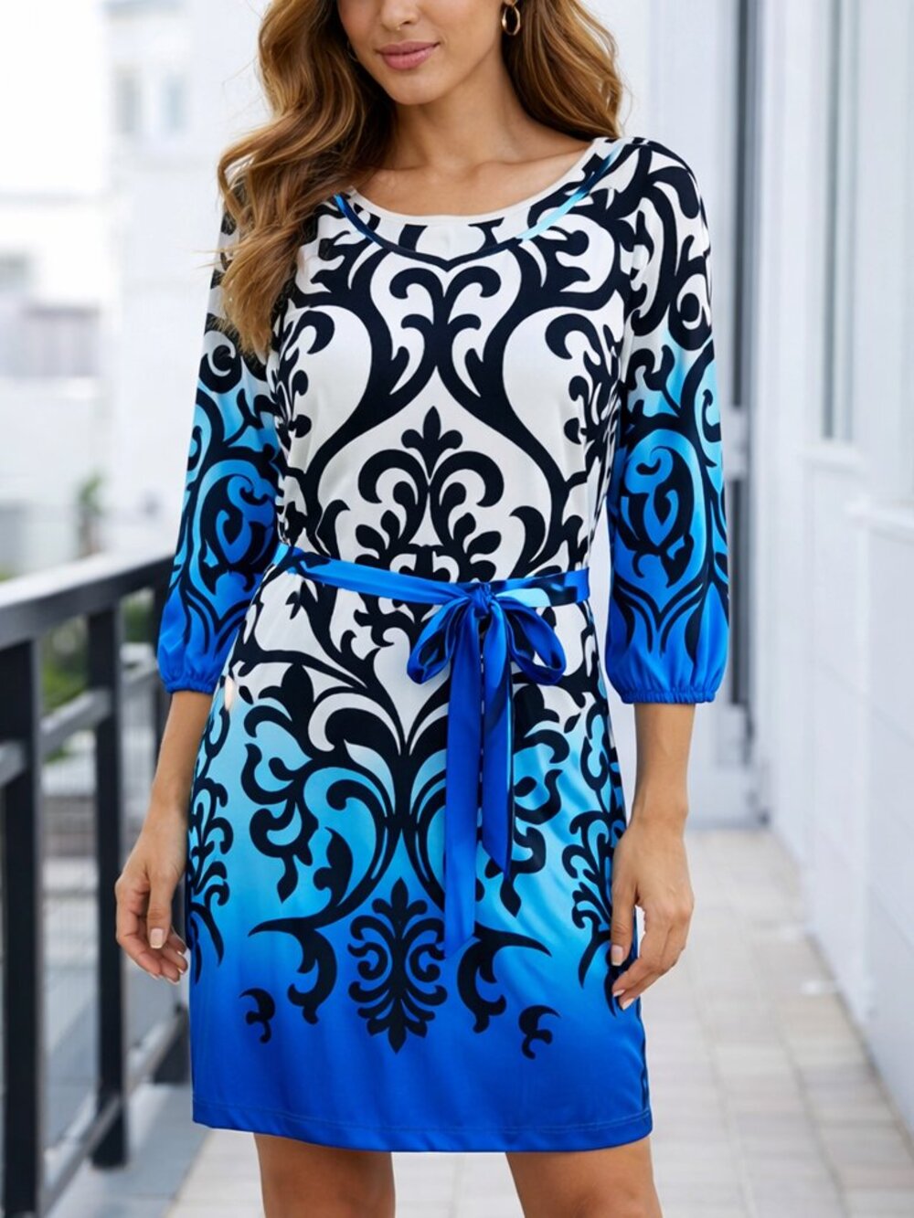 Loila Small Paisley O’ Neck Elastic Puff Long Sleeve Belted Short Dress